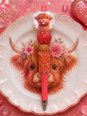 Handmade Cute Pink Glitter Highland Cow Ballpoint Pen